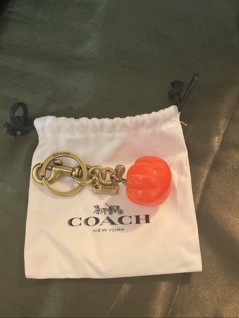 Coach Gold-Tone Key Ring with Bright Orange Charm